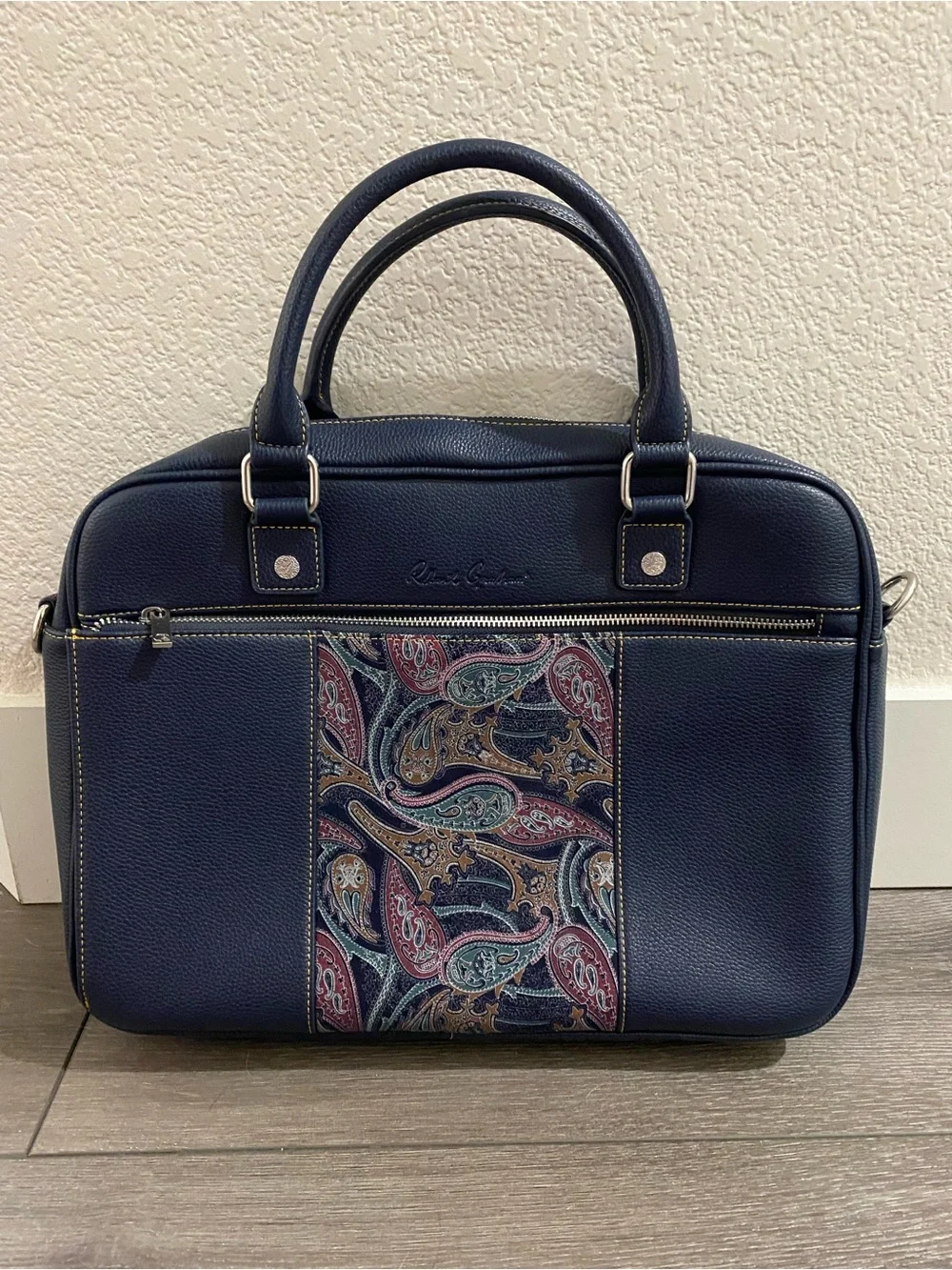 Robert Graham Navy Leather Laptop Bag with Paisley Accent